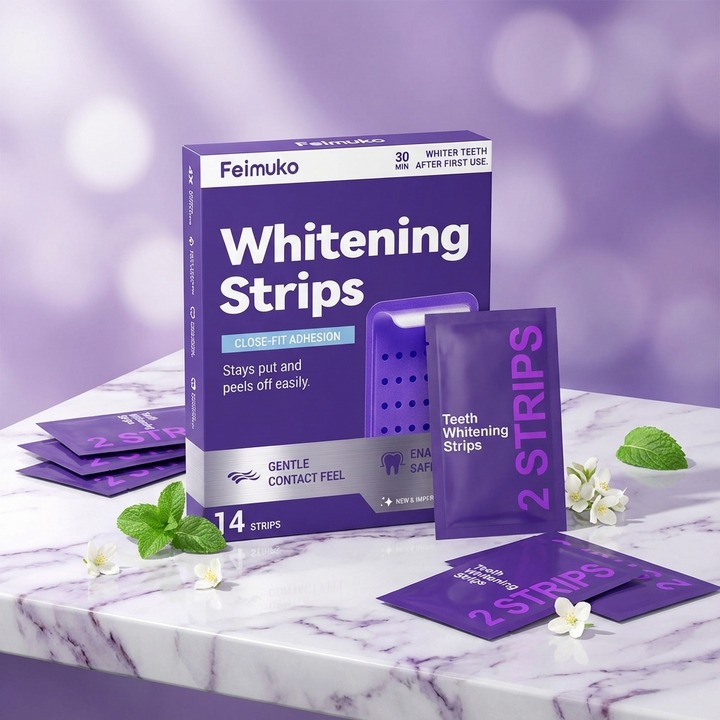 Bandes blanchissantes Vyora packaging violet sur marbre - Vyora whitening strips purple packaging on marble